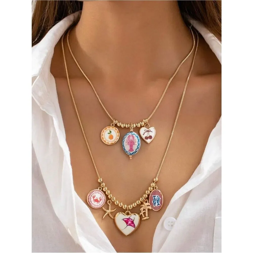 Charm Necklace with Colorful Enamel Pendants A1658